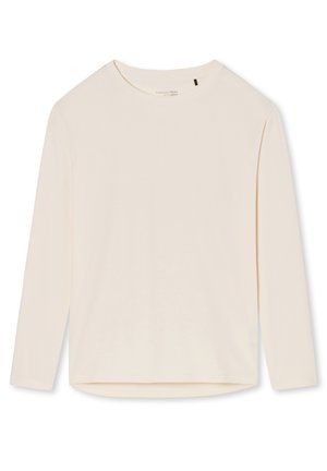 T-shirt a maniche lunghe di colore crema realizzato in tessuto morbido. Presenta un collo rotondo e un orlo leggermente curvo. Nessun motivo o dettaglio visibile.