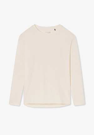 T-shirt a maniche lunghe di colore crema realizzato in tessuto morbido. Presenta un collo rotondo e un orlo leggermente curvo. Nessun motivo o dettaglio visibile.