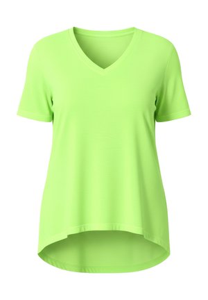 T-shirt vert clair à manches courtes avec col en V et ourlet arrondi, plus long à l'arrière qu'à l'avant, présenté sur fond blanc.