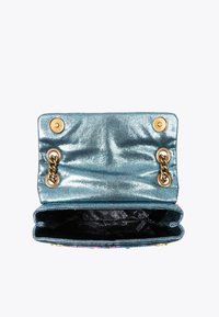 Metallic blue handbag with a quilted interior, featuring a flap closure secured by two gold buttons and a gold chain accent.