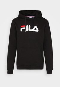 Felpa nera con cappuccio realizzata in tessuto morbido, dotata di tasca frontale, cappuccio con coulisse e un audace logo Fila in bianco e rosso sulla parte anteriore.