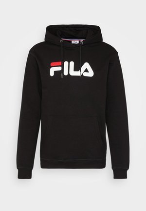 Felpa nera con cappuccio realizzata in tessuto morbido, dotata di tasca frontale, cappuccio con coulisse e un audace logo Fila in bianco e rosso sulla parte anteriore.