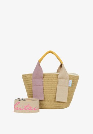 Woven straw handbag with yellow padded handle, wide pink and beige fabric straps, and detachable beige strap with pink script logo.