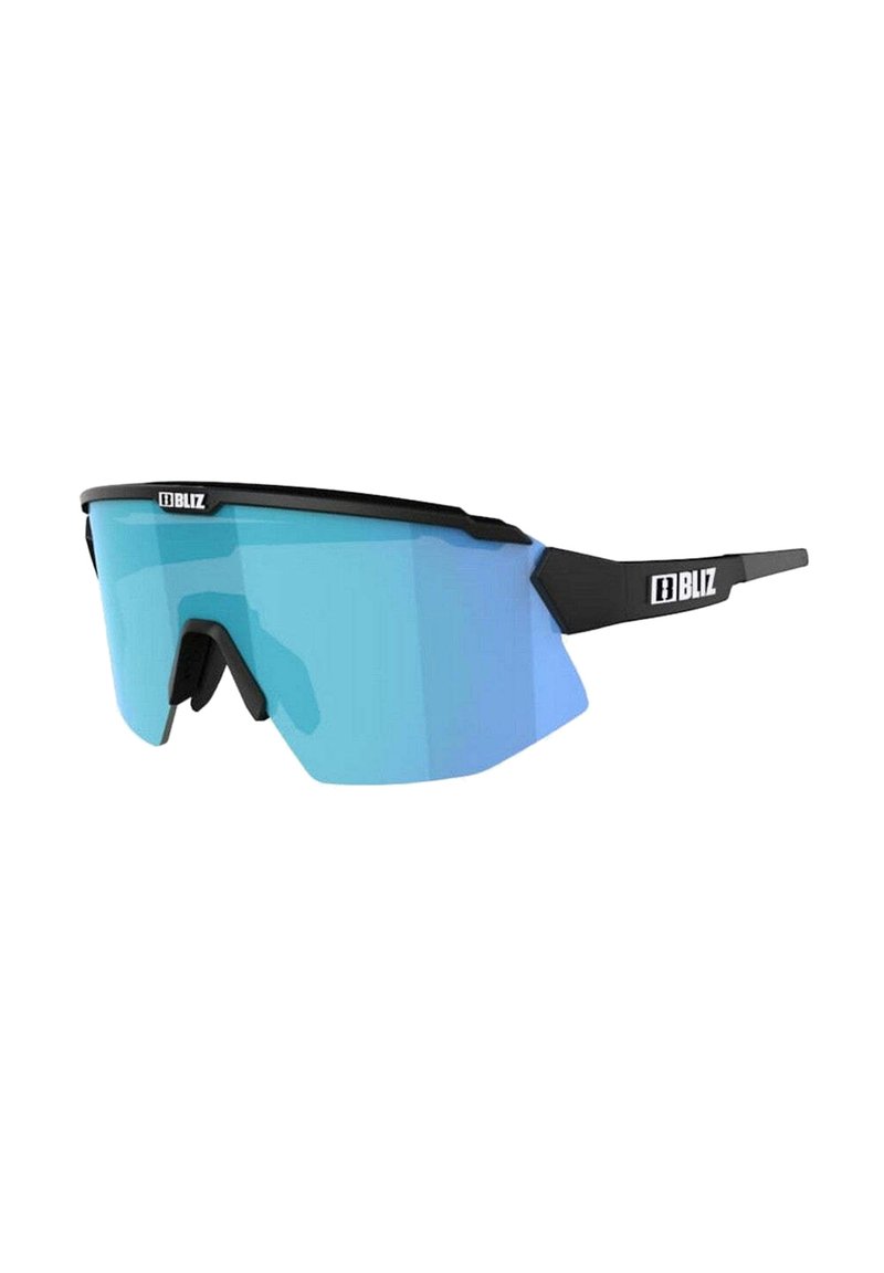 Wraparound sportzonnebril met blauwe tint, zwarte rand en neusbescherming, met het "Bliz"-logo op de zijkant en bovenrand voor.