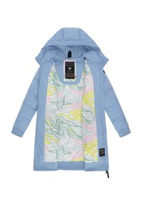 Jachetă puf light blue cu glugă. Căptușită cu un imprimeu abstract colorat din spirale roz, galbene și verzi. Dispune de manșete ribbate și fermoare.