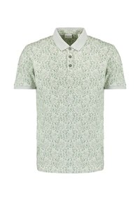 Polo shirt met korte mouwen in lichtgroen met een herhalend bloemenpatroon, drie-knopen sluiting en een contrasterende witte kraag.