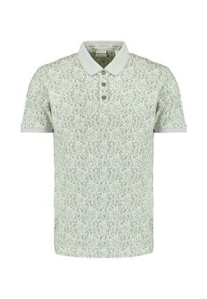 Polo shirt met korte mouwen in lichtgroen met een herhalend bloemenpatroon, drie-knopen sluiting en een contrasterende witte kraag.