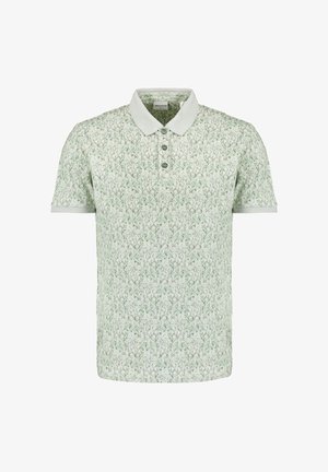 Polo shirt met korte mouwen in lichtgroen met een herhalend bloemenpatroon, drie-knopen sluiting en een contrasterende witte kraag.