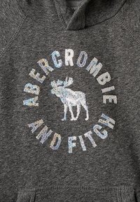 Grå hættejakke med et cirkulært design og iriserende palietter, der stavner "Abercrombie and Fitch" samt et mosegrafik i midten.