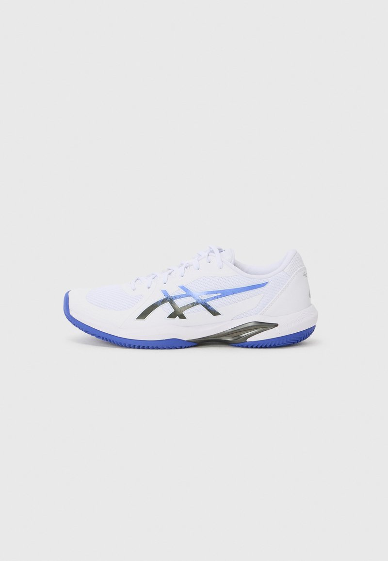 White athletic shoe with blue accents, featuring a mesh upper, black overlays, and a textured sole for traction. Designed for performance and support.