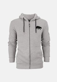 Sudadera con cremallera gris hecha de tejido suave, con un diseño de oso negro en el pecho, capucha ajustable con cordón y puños y dobladillo acanalados.