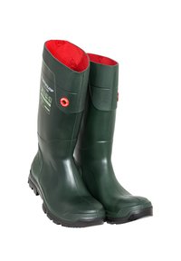 Green rubber boots with a red interior lining, textured surface, reinforced toe, and patterned sole for grip. Features brand logo on side.