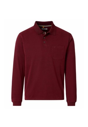 Langærmet vinrød polo-shirt med tre knapper, en krave og en brystlomme på en hvid baggrund.