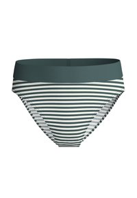 Groen en witte horizontaal gestreepte bikini onderkant met een brede effen donkergroene tailleband, plat getoond op een witte achtergrond.