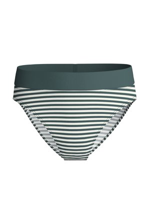 Groen en witte horizontaal gestreepte bikini onderkant met een brede effen donkergroene tailleband, plat getoond op een witte achtergrond.