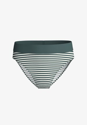 Bas de bikini à rayures horizontales vertes et blanches avec une large taille unie de couleur vert foncé, présenté à plat sur un fond blanc.