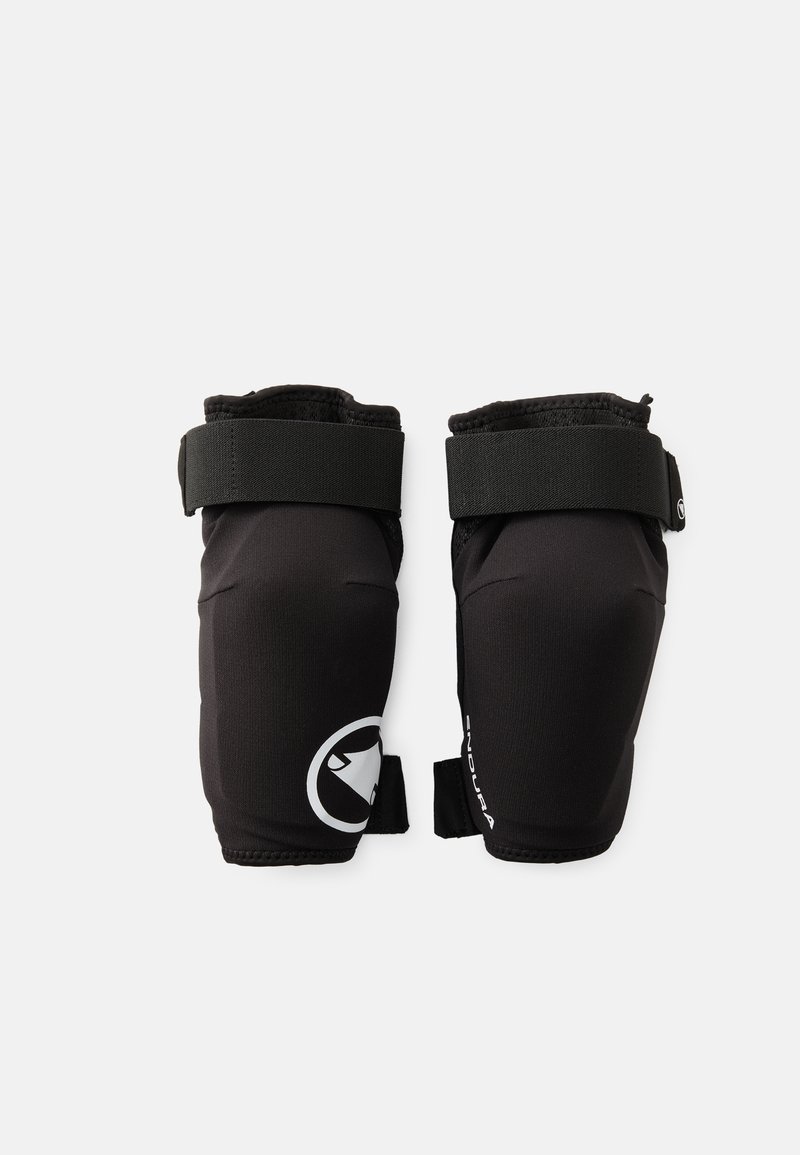 Rodilleras negras fabricadas en neopreno texturizado, con correas de tela ajustables y un logo en un lado. Diseño curvado para protección.