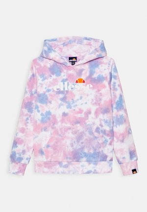 Bluza z kapturem w stylu tie-dye w odcieniach różu, fioletu i niebieskiego z białym logo „ellesse”, kieszenią z przodu i kapturem.