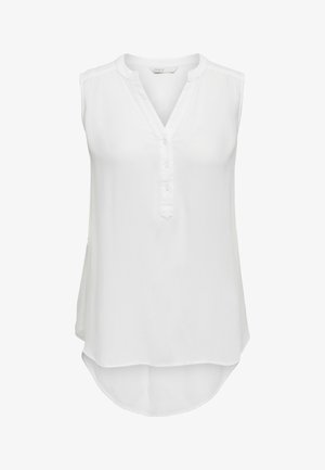 Weiße ärmellose Bluse mit Knopfleiste, V-Ausschnitt und asymmetrischem Saum. Hergestellt aus leichtem Stoff mit leicht strukturierter Oberfläche.