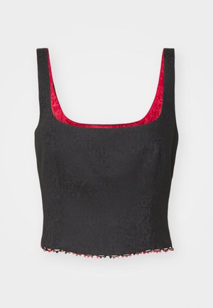 Čierny crop top s textúrovaným vzorom, štvorcovým výstrihom a červeným podšívaním. Má dekoratívny perličkový lem v červenej a čiernej farbe.