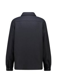 Black long-sleeve shirt with a collar, featuring a smooth texture and buttoned cuffs. Simple, solid design without patterns or accents.