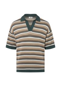 Korte mouwen gebreide polo in bruin, beige en groen met gestreept patroon. Heeft een diepe V-hals en contrasterende groene kraag en manchetten.