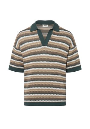 Kurzarm-Strickpolo in Braun, Beige und Grün mit gestreiftem Muster. Verfügt über einen tiefen V-Ausschnitt und einen kontrastierenden grünen Kragen sowie Ärmelbündchen.