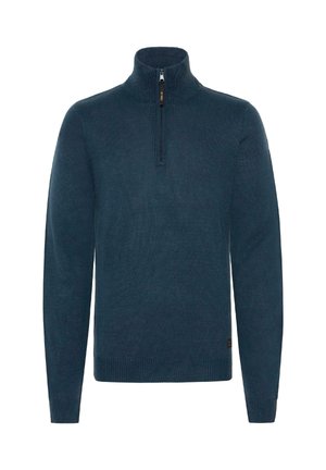 Granatowy sweter z dzianiny z wysokim kołnierzem i krótkim zamkiem błyskawicznym, z prążkowanymi mankietami i dołem, wykonany z miękkiego, teksturowanego materiału.