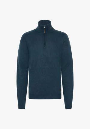 Granatowy sweter z dzianiny z wysokim kołnierzem i krótkim zamkiem błyskawicznym, z prążkowanymi mankietami i dołem, wykonany z miękkiego, teksturowanego materiału.