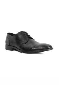 Black leather dress shoe with a smooth finish, rounded toe, lace-up design, and a low profile rubber sole.