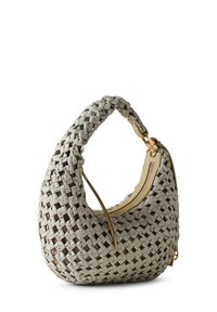 Woven gray handbag with a curved shape, featuring a textured surface, gold hardware, and a zippered compartment.