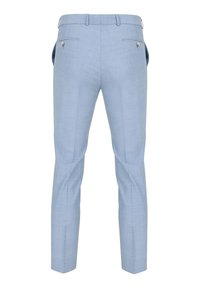 Jasnoniebieskie eleganckie spodnie z teksturowanej tkaniny, slim fit, z dwiema tylnymi kieszeniami oraz prostym krojem z subtelnymi szwami.