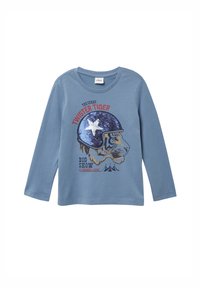 Blauses Langarmhemd mit einem Tiger-Design aus Pailletten, dem Text „DAS GROSSE TWISTER TIGER GROSSEREIGNIS IM WUNDERDOM“ und Rundhalsausschnitt.