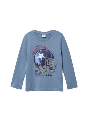 Blauses Langarmhemd mit einem Tiger-Design aus Pailletten, dem Text „DAS GROSSE TWISTER TIGER GROSSEREIGNIS IM WUNDERDOM“ und Rundhalsausschnitt.
