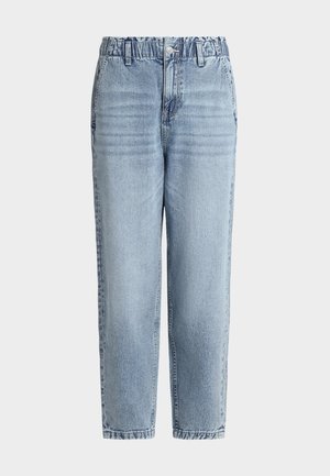 Τζιν παντελόνι από ανοιχτό μπλε denim με ελαστική μέση, μπροστινά κουμπιά και φερμουάρ, ευθεία γραμμή στα μπατζάκια και πλαϊνές τσέπες.