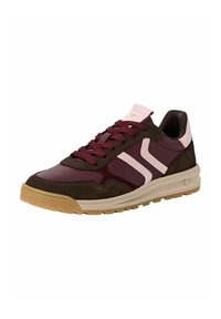 Men's sneaker featuring a dark brown and burgundy upper, pink accents, textured suede, laces, and a tan rubber sole.