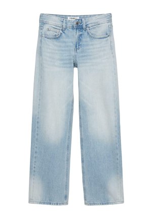 Jasnoniebieskie dżinsy o szerokich nogawkach z pięcioma kieszeniami, szlufkami na pasek, zapięciem na guziki oraz subtelnym przetarciem na przednich udach i kolanach.