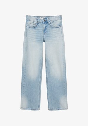 Jean bleu clair à jambes larges avec cinq poches, passants pour ceinture, fermeture par bouton et légère décoloration sur l'avant des cuisses et des genoux.