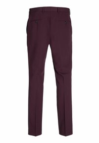Burgundy színű nadrág, egyenes szárú kialakítással, sima textúrával, dupla hátsó zsebekkel, fekete gombokkal, és testre szabott fazonnal.
