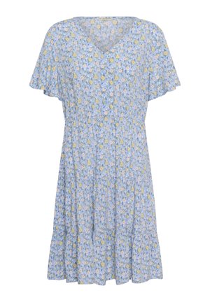 Light blue floral dress with short flutter sleeves, V-neck, button front, elastic waist, and tiered skirt.