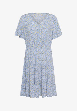 Light blue floral dress with short flutter sleeves, V-neck, button front, elastic waist, and tiered skirt.