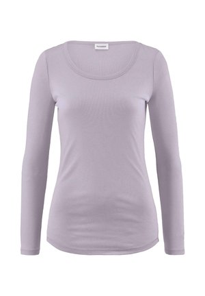 Langsleeve, lavendelkleurig shirt met een ronde hals. Gemaakt van zacht, rekbaar materiaal. Heeft een aansluitende pasvorm en een gladde textuur. Geen patronen of accenten.