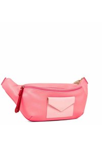 Saszetka biodrowa w jaskrawym różowym skórze, z przednią kieszenią i kontrastowym jaśniejszym różowym klapkiem. Posiada zamek błyskawiczny i regulowany pasek.