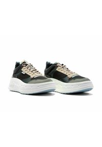 Sneaker sportive con parte superiore grigia e nera, lacci beige e suola intermedia bianca e testurizzata; presenta un design distintivo chunky e un rivestimento morbido.