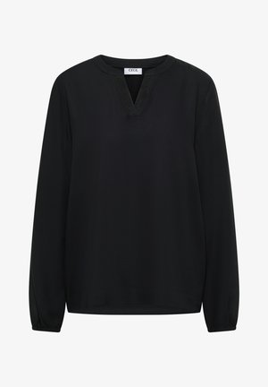 Musta pitkähihaisen pusero, jossa on V-pääntie, kerätyt kalvosimet ja hienovaraiset yksityiskohdat pääntiellä. Valmistettu pehmeästä, kevyestä kankaasta.