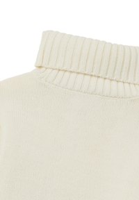 Cream knit sweater with a ribbed turtleneck. Smooth texture and fitted design, featuring a soft, lightweight fabric and fine stitching details.