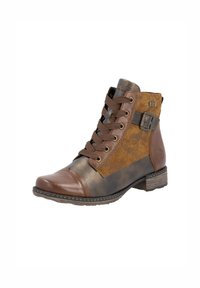 Bottines en cuir marron avec un bout rond, laçage à l'avant, boucle décorative et un panneau texturé marron sur le côté.