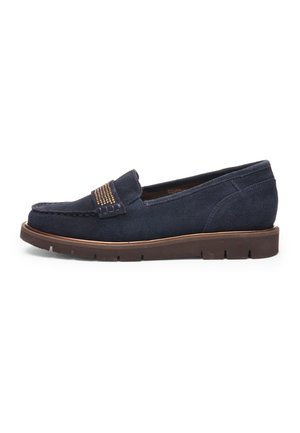 Navy blue suede loafer with brown rubber sole and decorative gold studs on the front strap, side profile.
