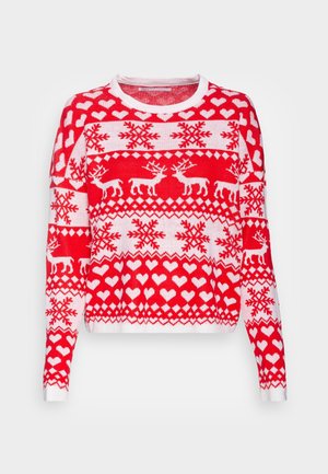 Maglione rosso lavorato a maglia con motivi di renne bianche, cuori e fiocchi di neve, con collo a giro e maniche lunghe. Design festivo e testurizzato.