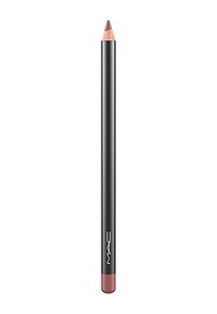 MAC lip pencil in black casing with a pointed, soft pink tip. Features a matte finish and logo on the side; cylindrical shape.